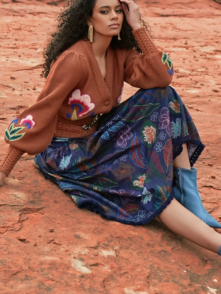 Allison Fleur Midi Skirt in Navy Floral