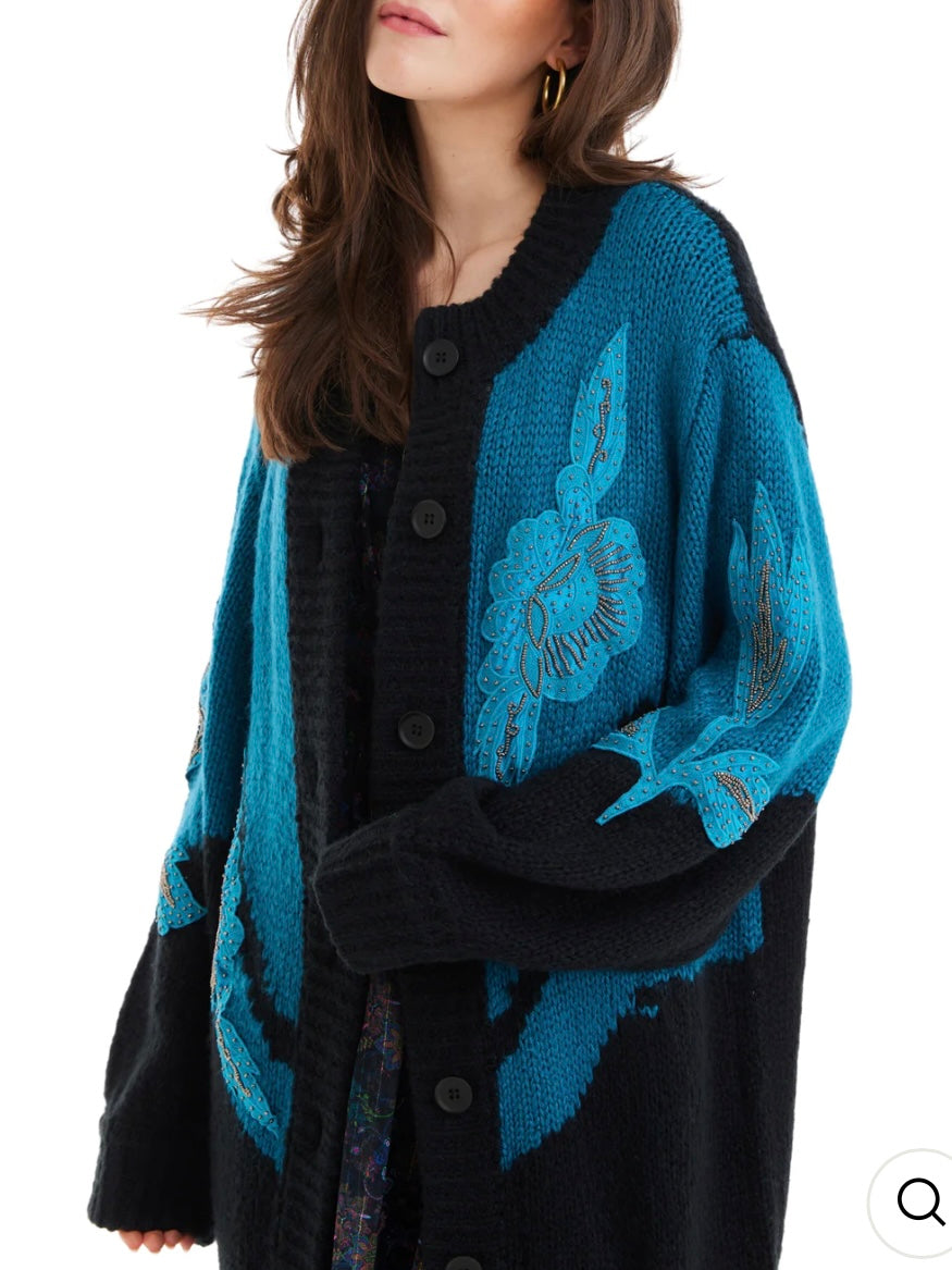Allison Riley Embroidered Cardigan in Teal/Black