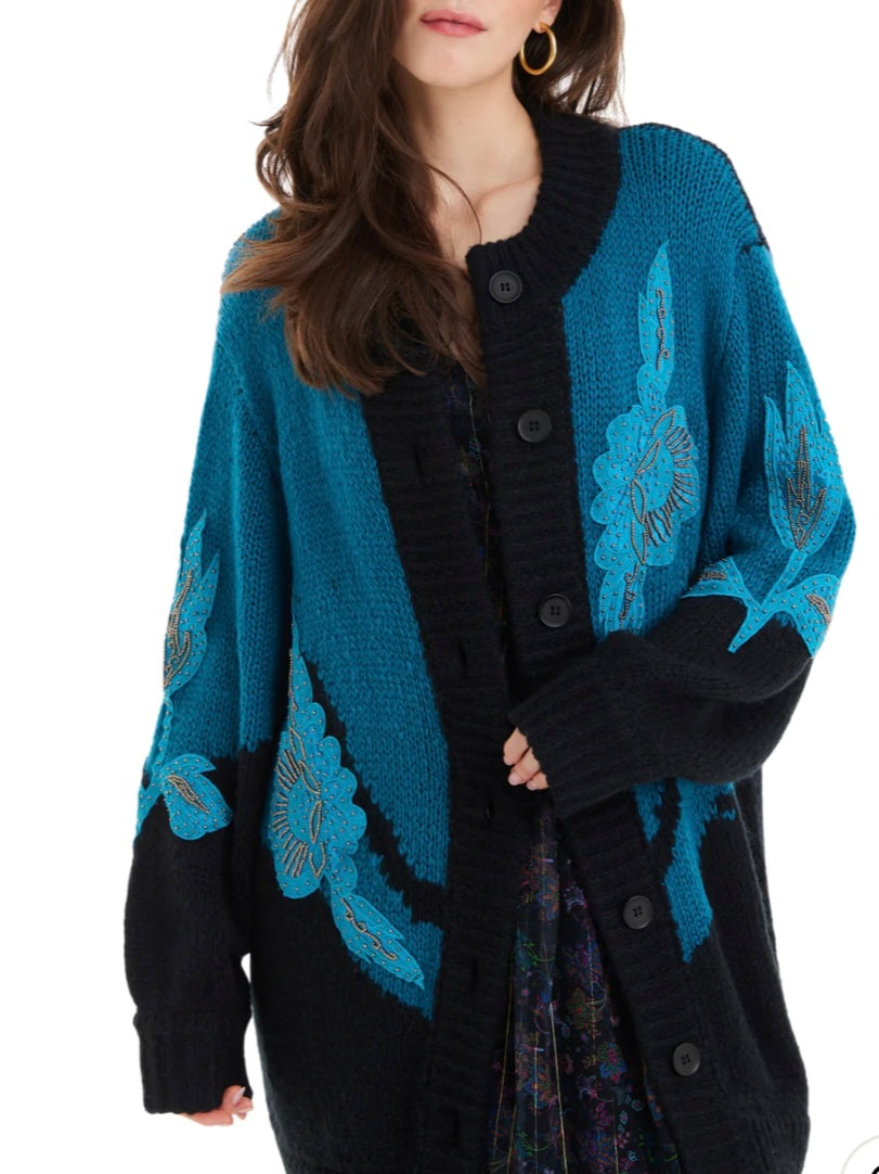 Allison Riley Embroidered Cardigan in Teal/Black