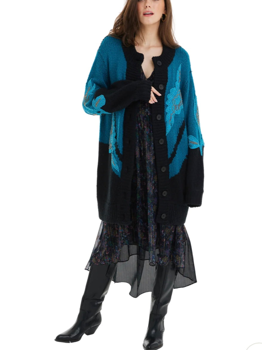 Allison Riley Embroidered Cardigan in Teal/Black