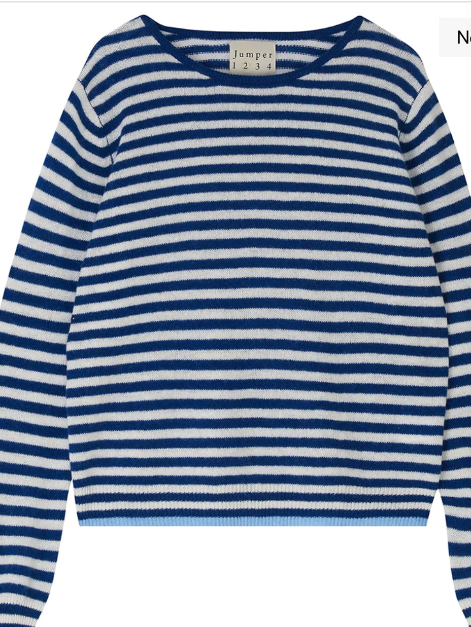 Jumper 1234 Cashmere Tipped Little Stripe Crew in Denim and Cream