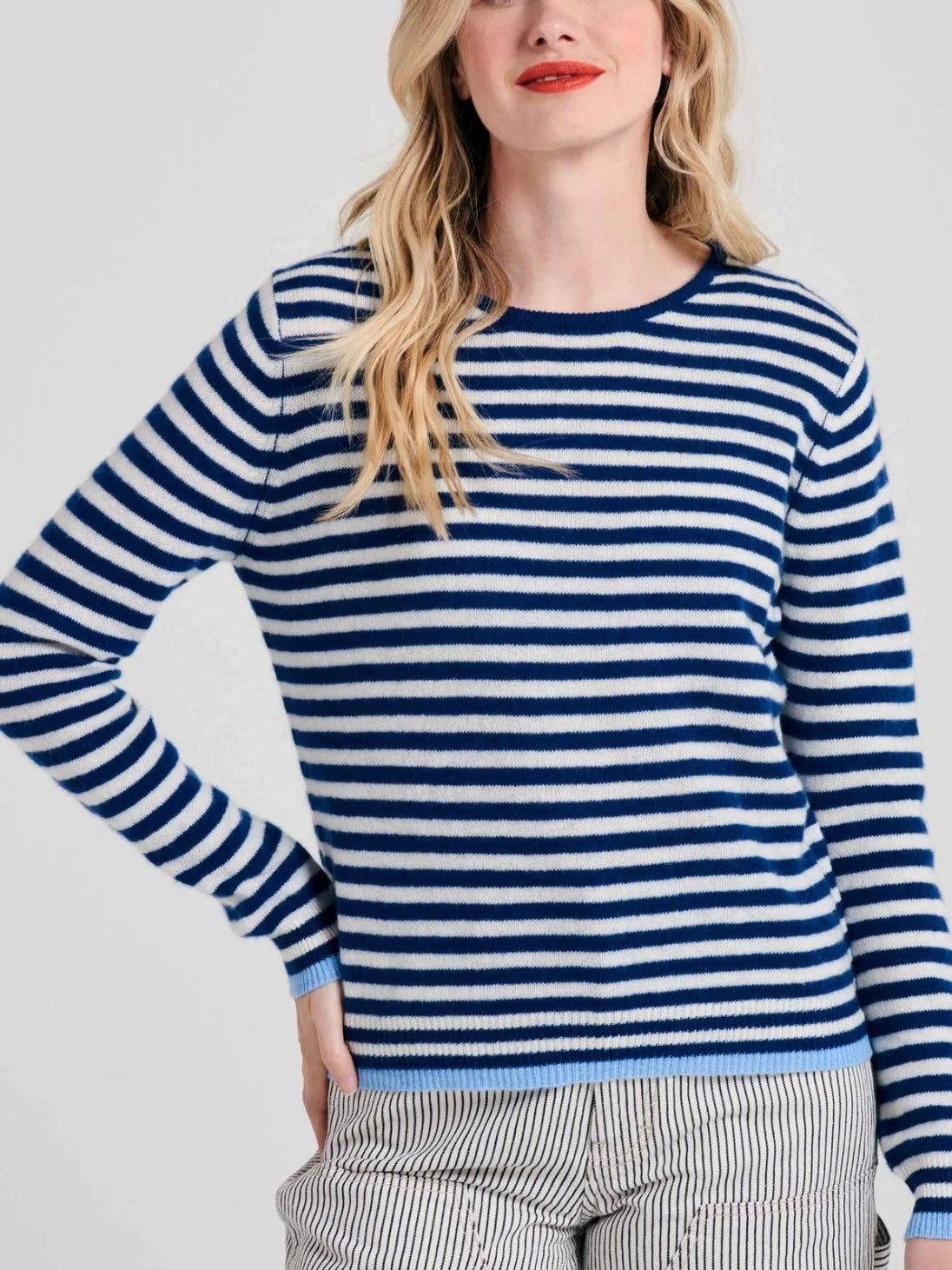 Jumper 1234 Cashmere Tipped Little Stripe Crew in Denim and Cream
