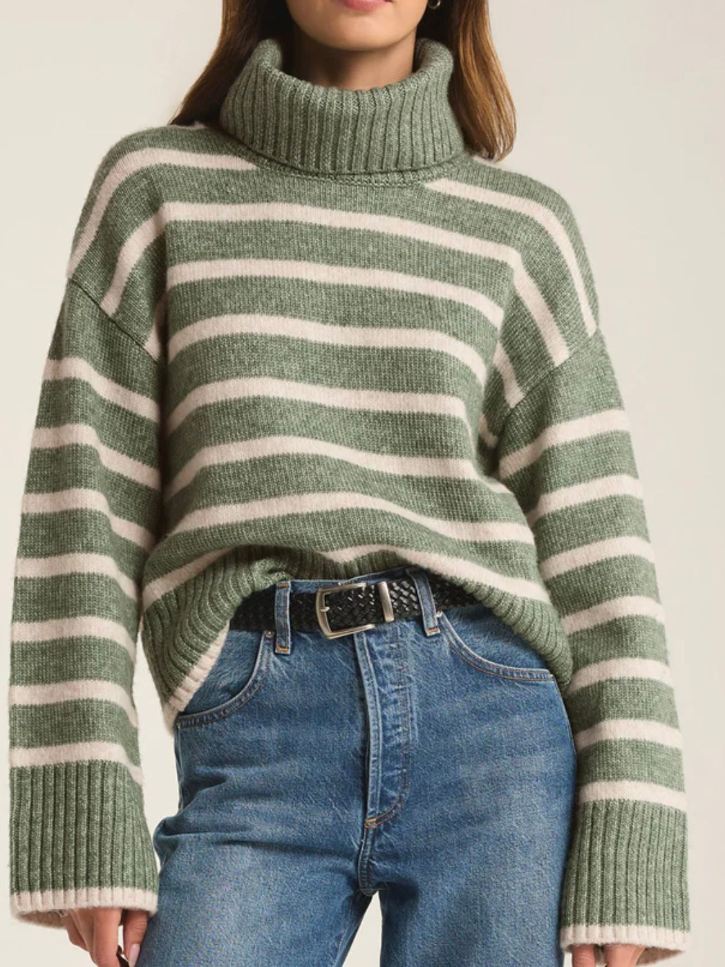 Z Supply Josephine Stripe Turtleneck Sweater in Palm Green