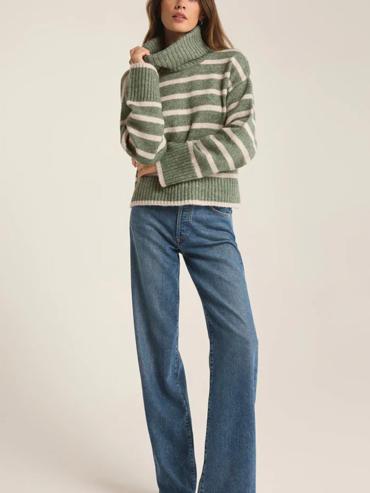 Z Supply Josephine Stripe Turtleneck Sweater in Palm Green