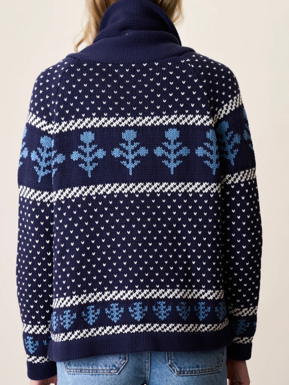 Marea Flower Intarsia Shawl Cardigan - Navy