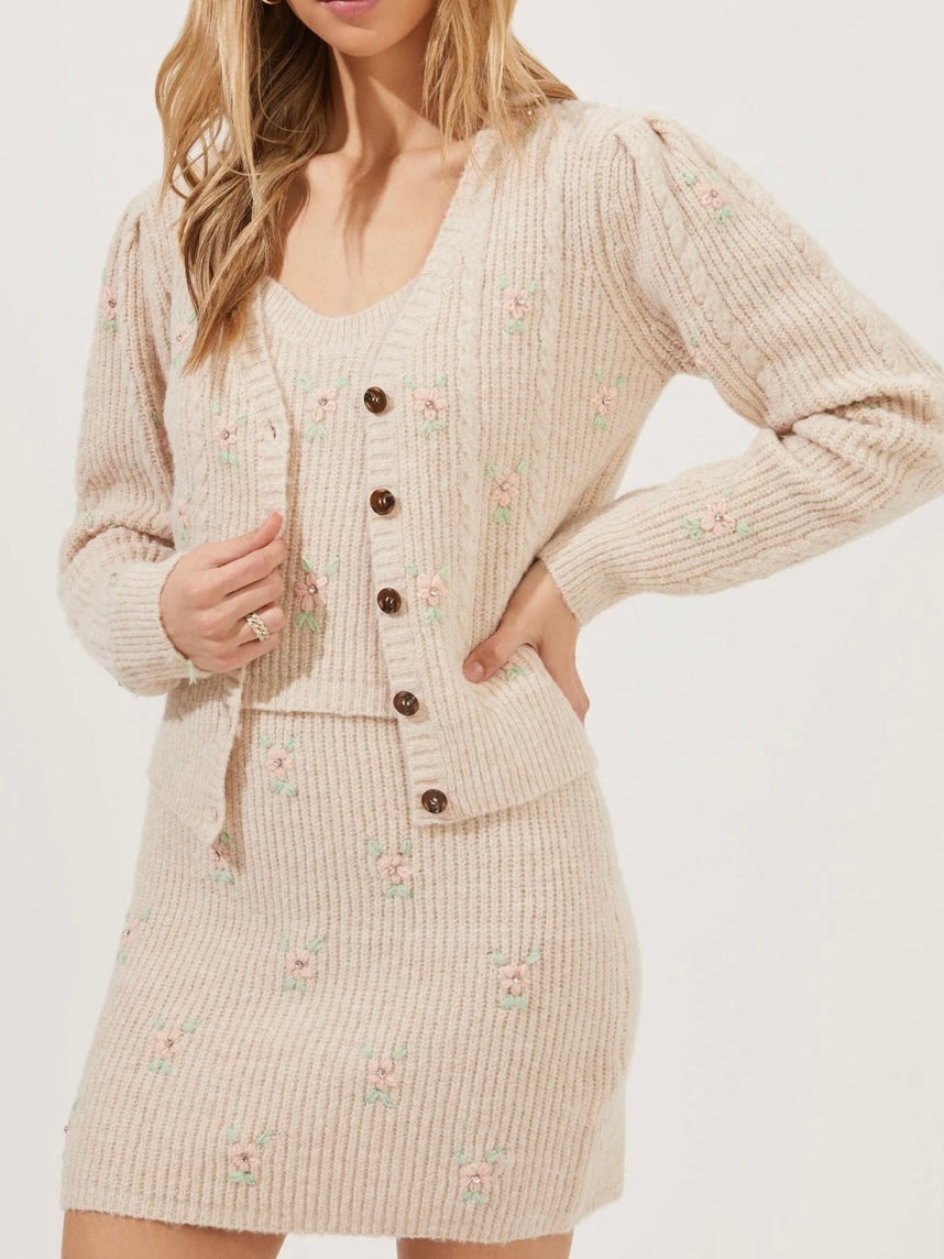ASTR Tea Party Floral Embroidered Knit Mini Skirt in Blush Flower