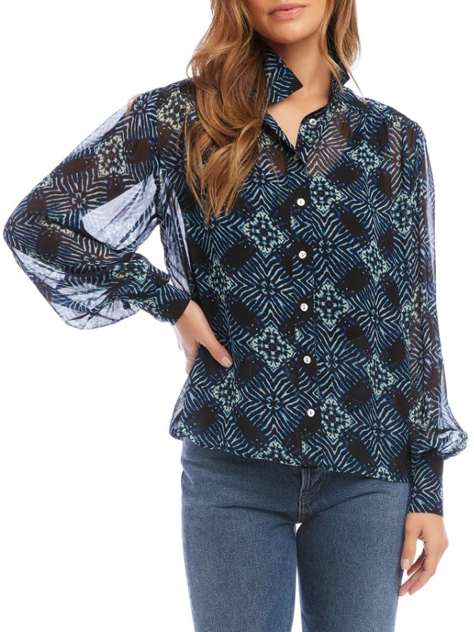 Fifteen Twenty Shirred Button Up Blouse in Diamond Batik