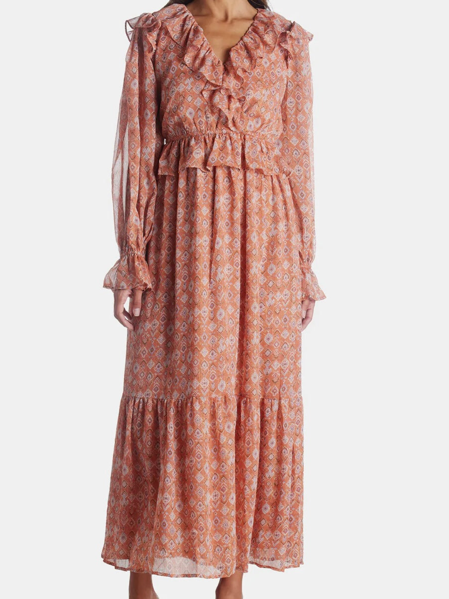 moon river ruffle sleeve shirred midi dress Ruffle Sleeve Shirred Midi Dress