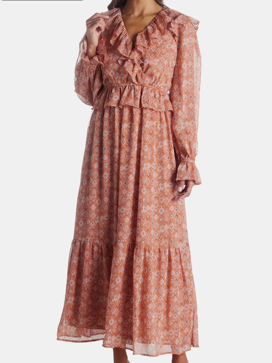 Moon River Shirred V Neck Puff Sleeve Midi Dress