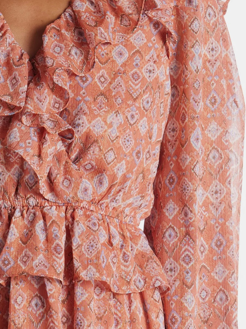 Moon River Shirred V Neck Puff Sleeve Midi Dress