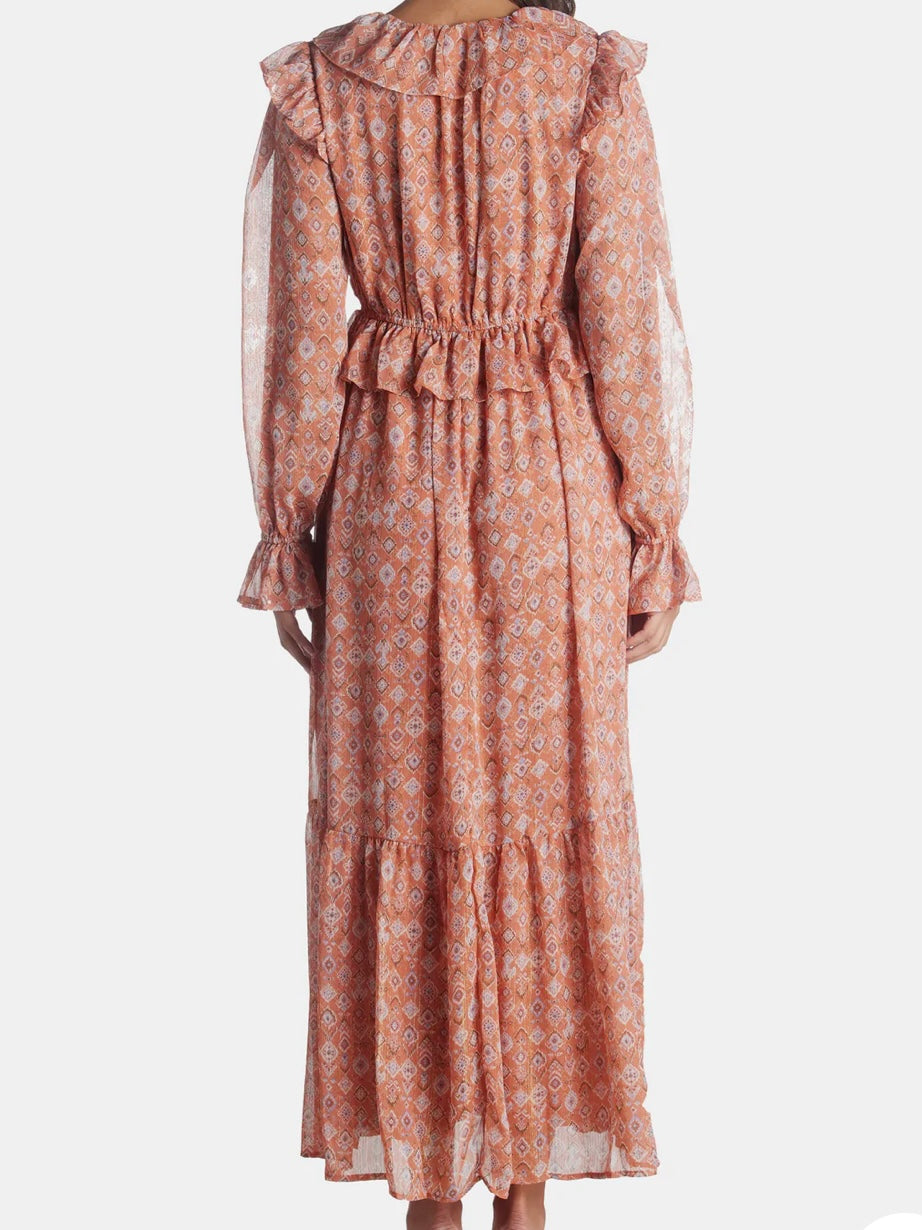 Moon River Shirred V Neck Puff Sleeve Midi Dress