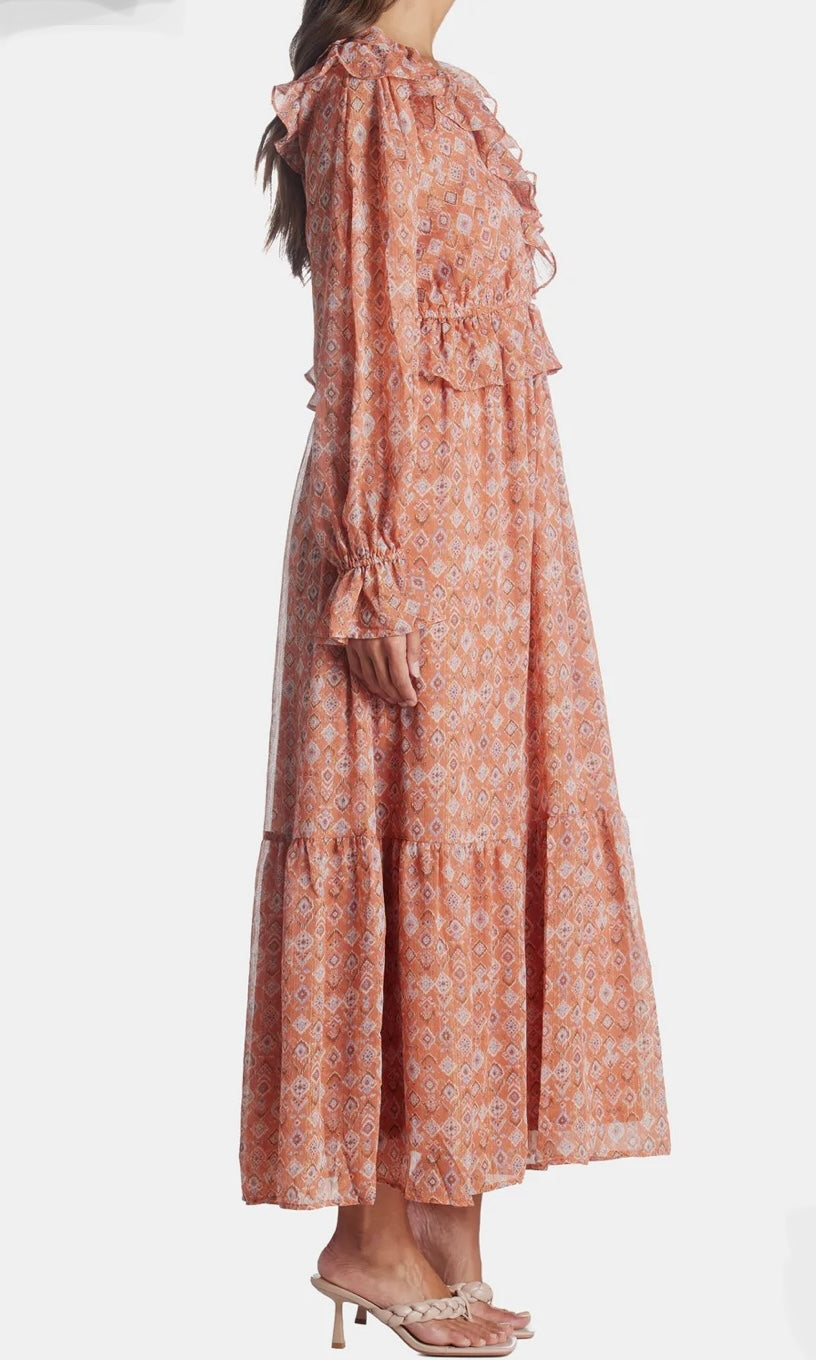 Moon River Shirred V Neck Puff Sleeve Midi Dress