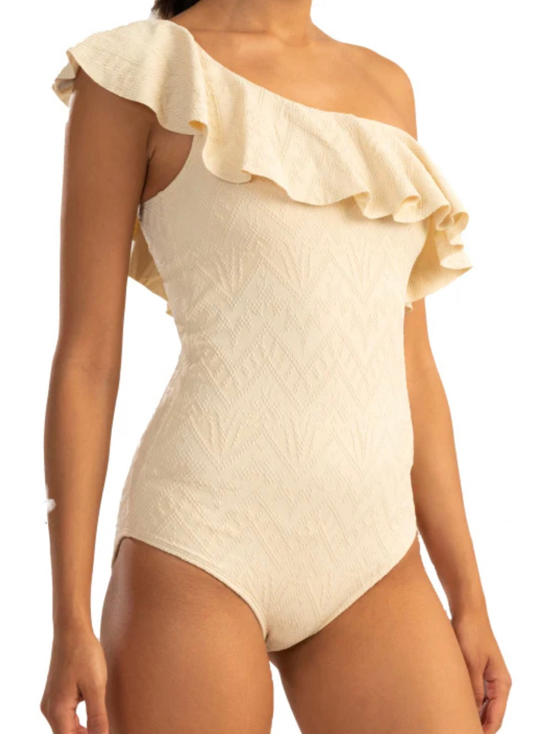 Shoshanna Ecru Texture One Shoulder Ruffle One Piece Bathing Suit