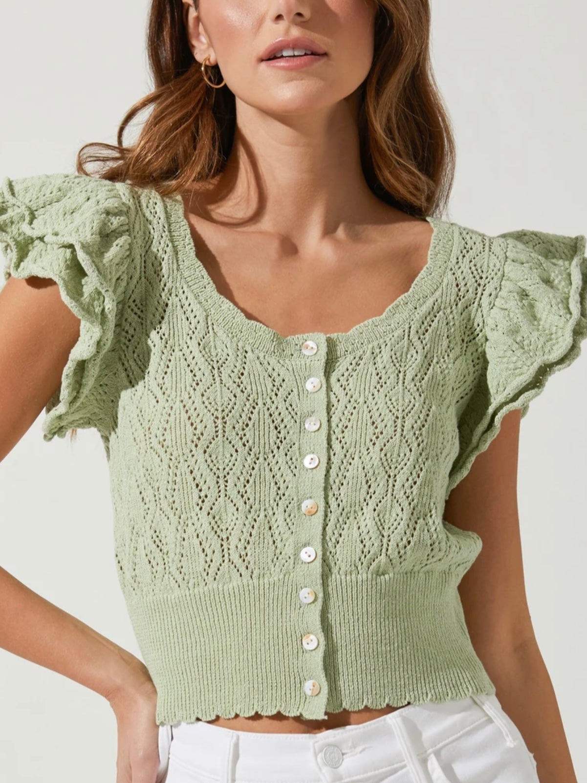 ASTR Myla Ruffle Sleeve Cardigan in Laurel Green