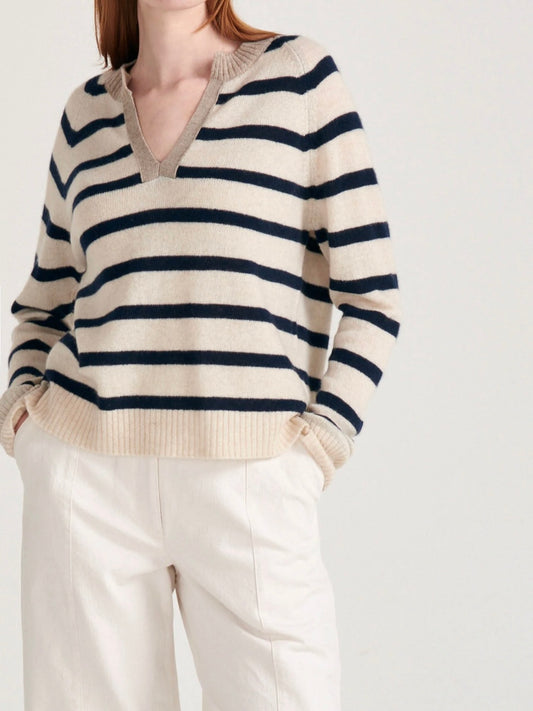 Jumper 1234 Cashmere Stripe Open Collar in Oatmeal and Navy