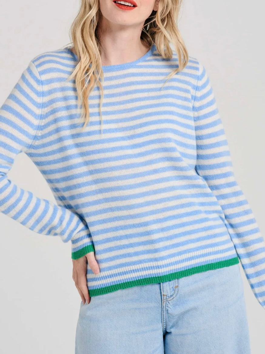Jumper 1234 Cashmere Tipped Little Stripe Crew in Wedgewood and Cream