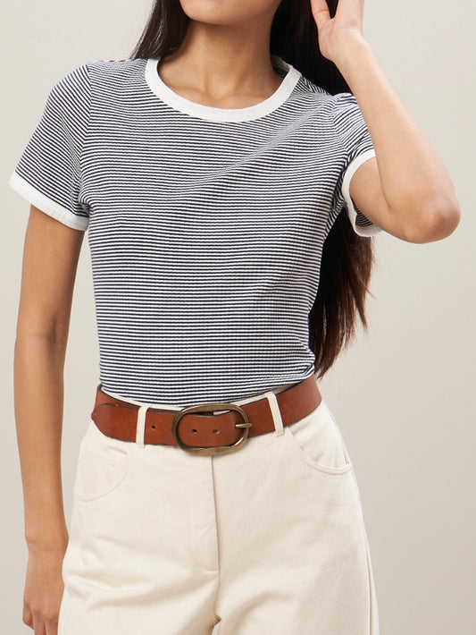 Hartford Teina Striped Ribbed Cotton T-Shirt in White & Navy