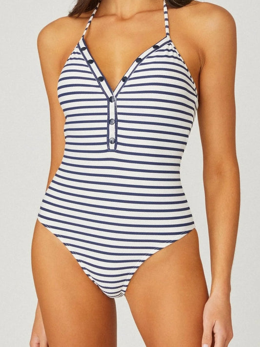 Shoshanna Button One Piece in Navy/Optic White