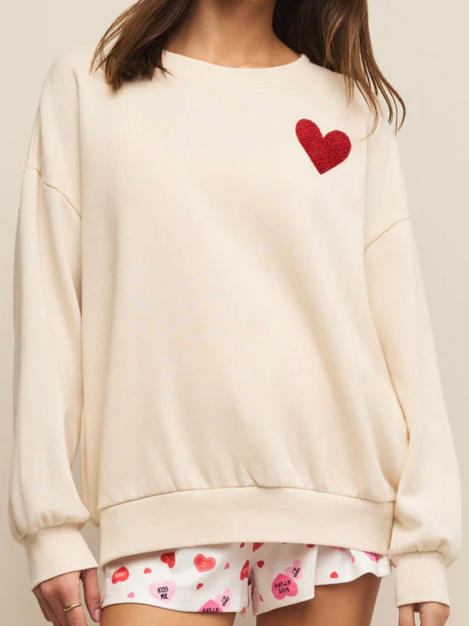 Z Supply Oversized Heart Sweatshirt in Vanilla Ice