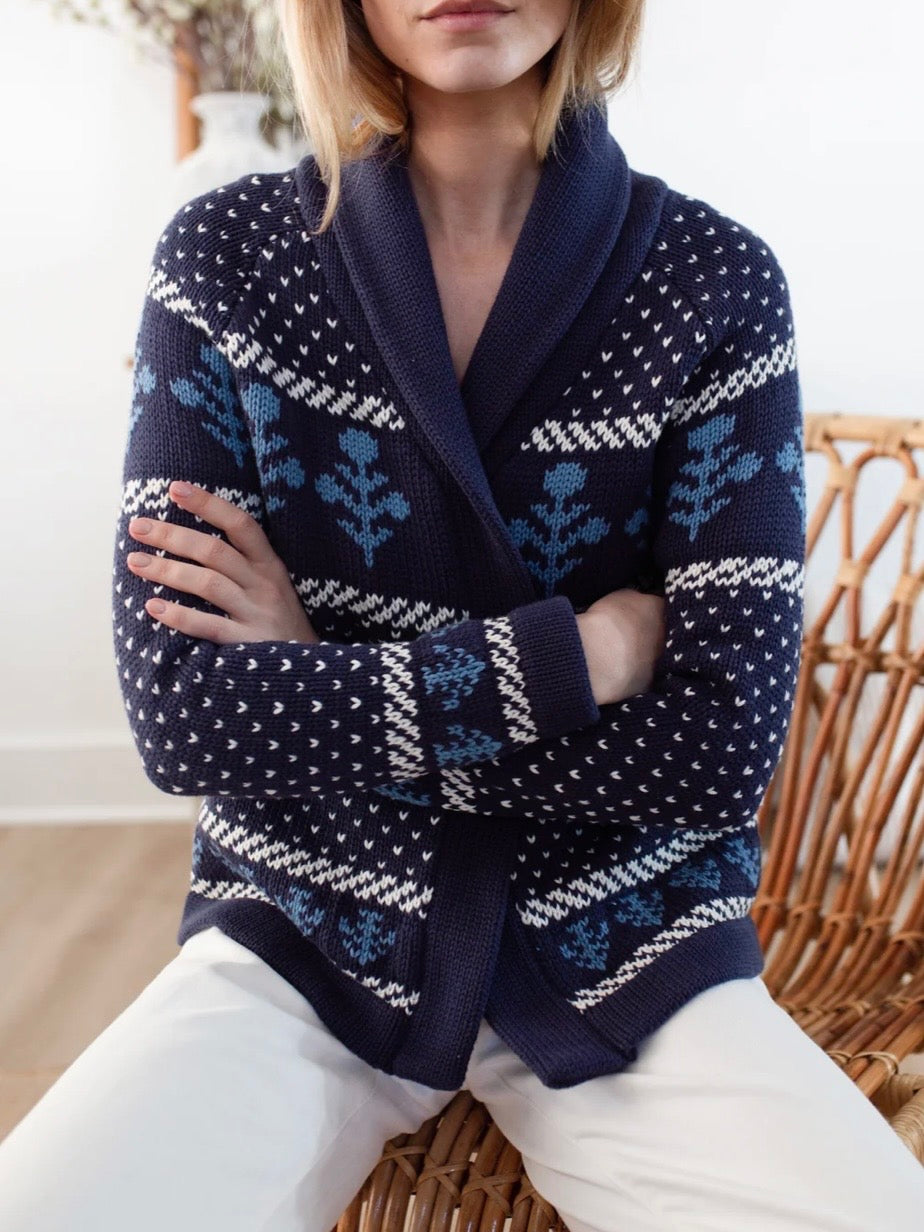 Marea Flower Intarsia Shawl Cardigan - Navy