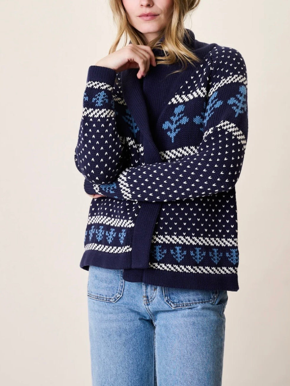 Marea Flower Intarsia Shawl Cardigan - Navy