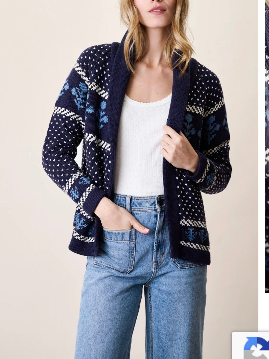 Marea Flower Intarsia Shawl Cardigan - Navy