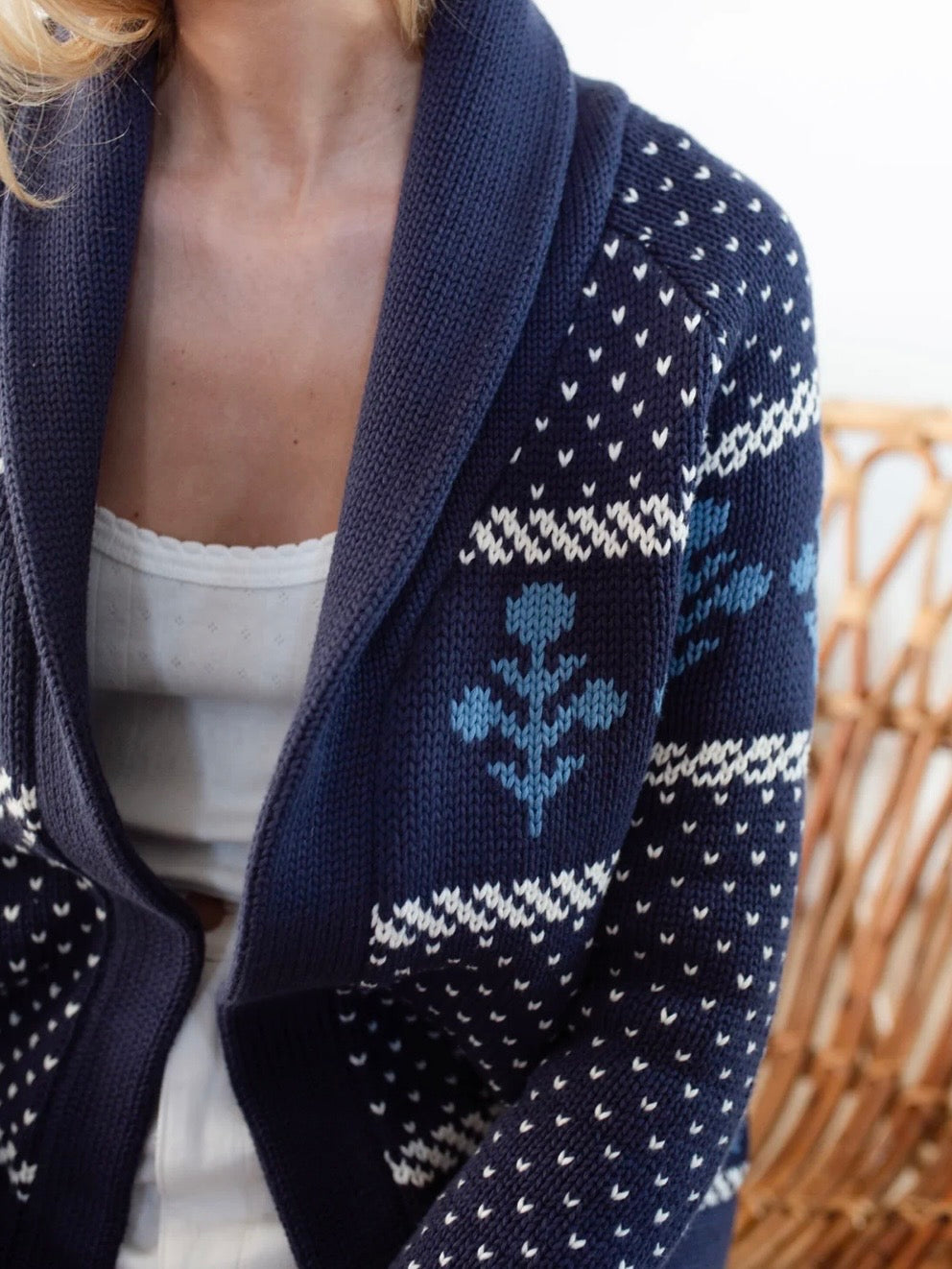 Marea Flower Intarsia Shawl Cardigan - Navy
