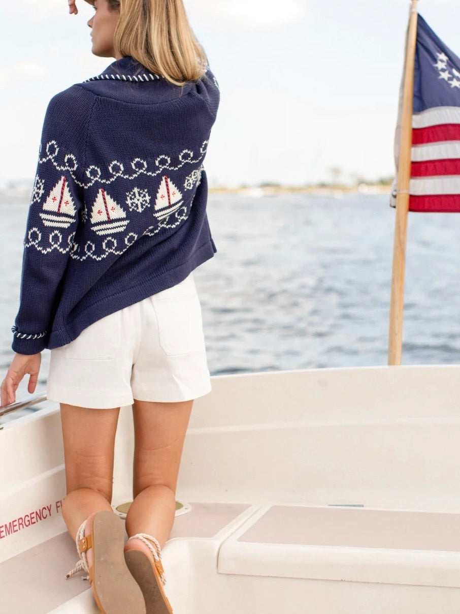 Marea Shawl Cardigan in Nautical Intarsia – Navy