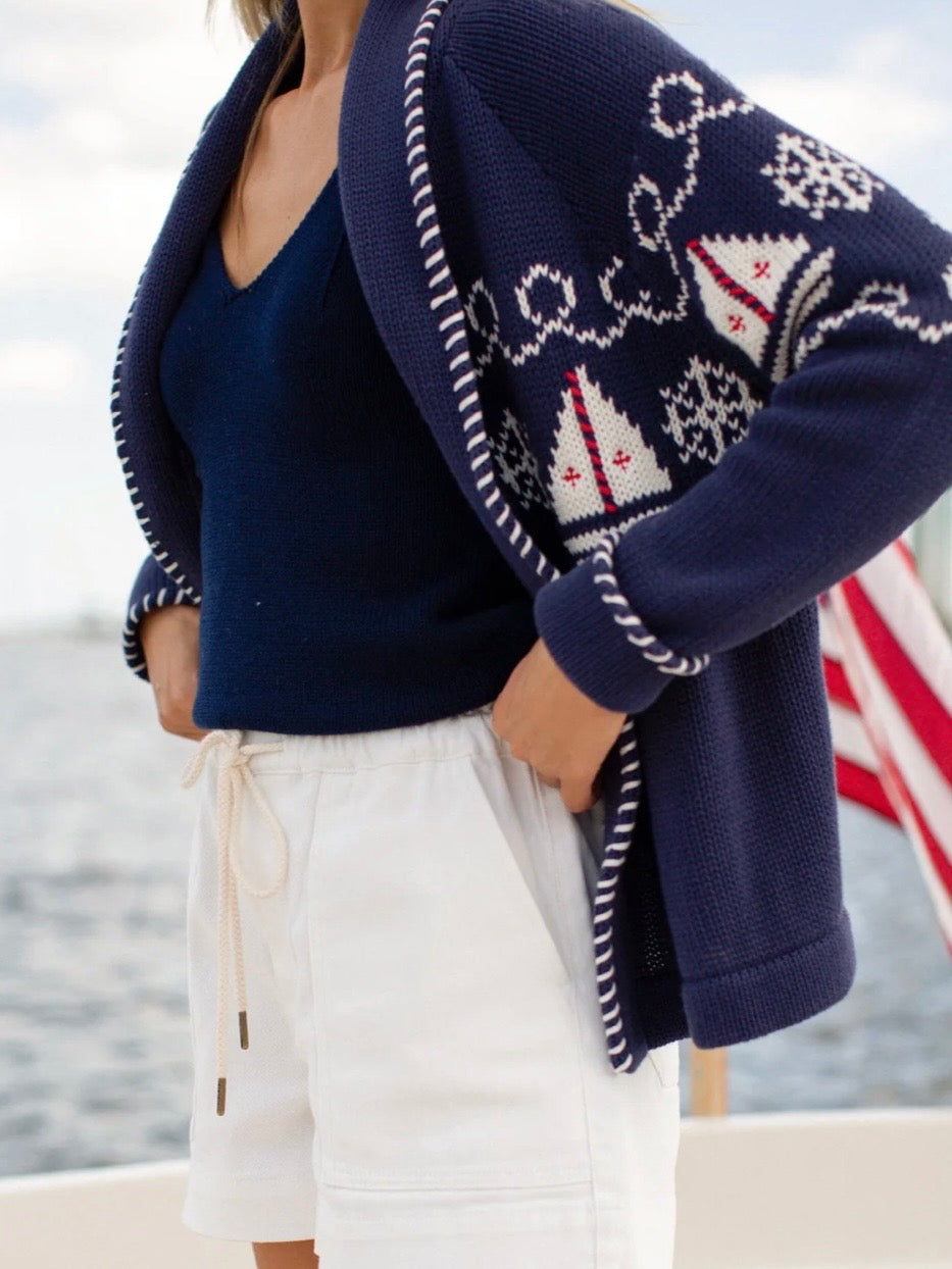 Marea Shawl Cardigan in Nautical Intarsia – Navy