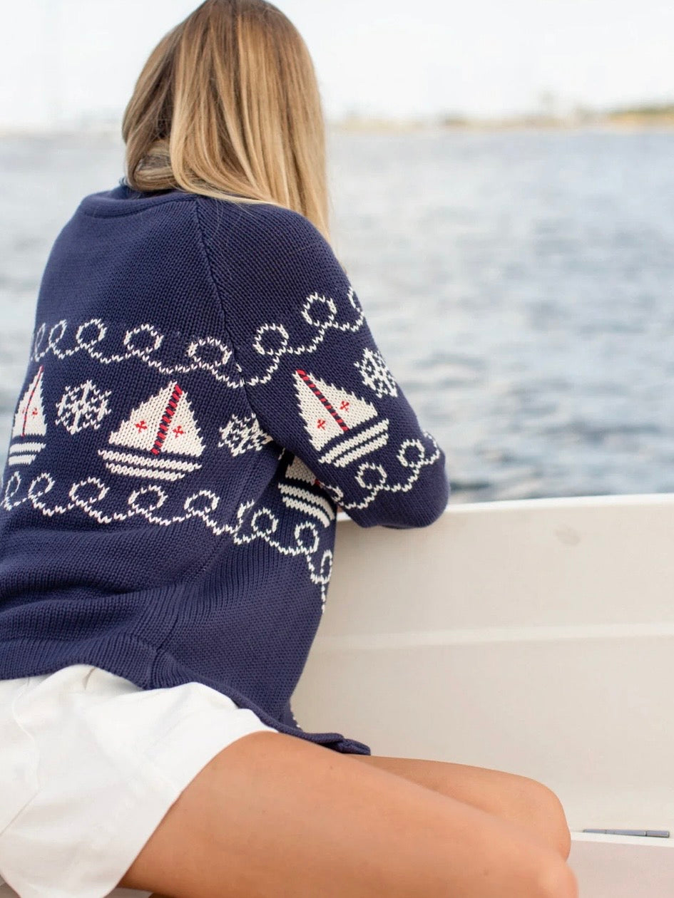 Marea Shawl Cardigan in Nautical Intarsia – Navy