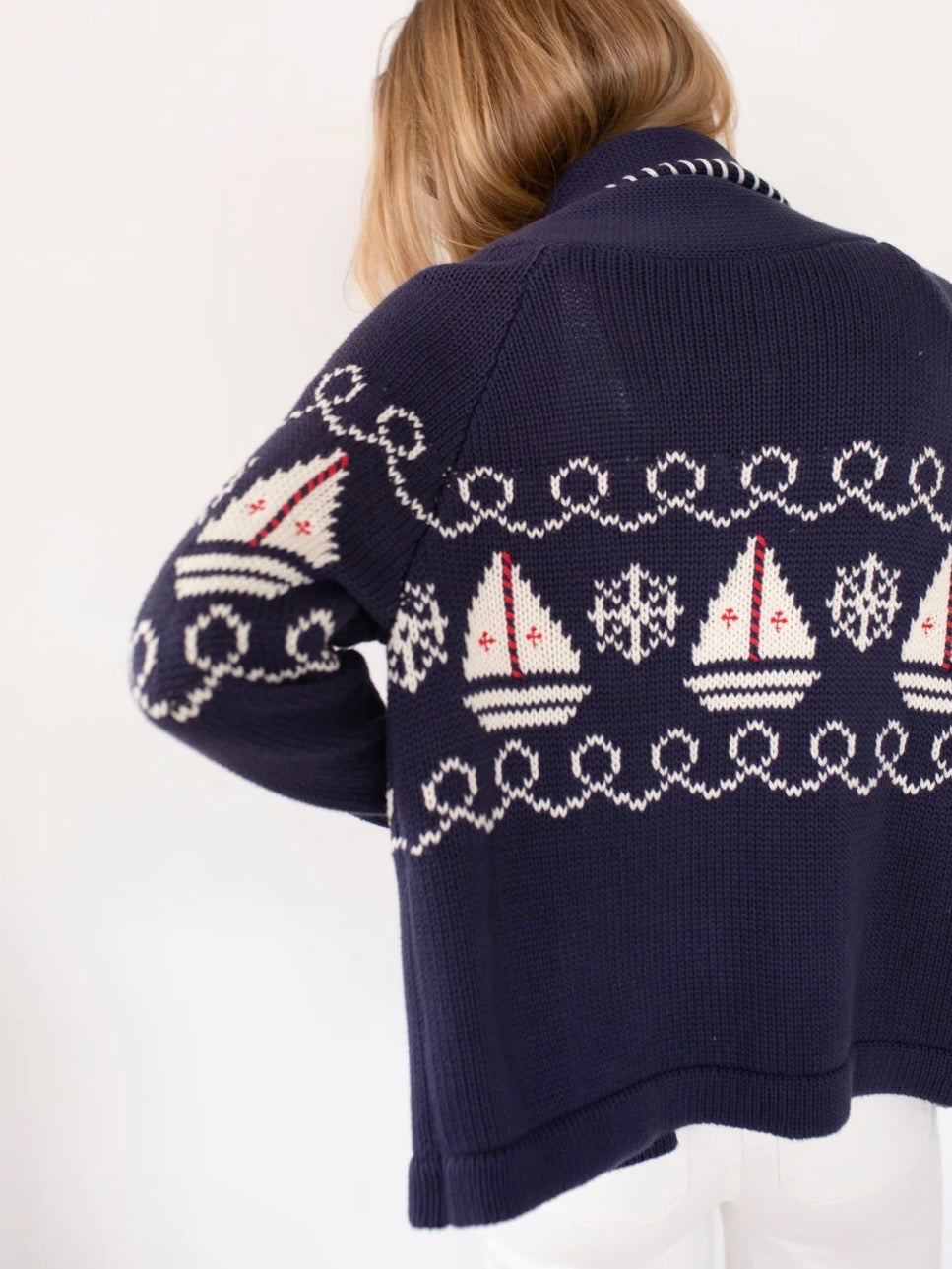 Marea Shawl Cardigan in Nautical Intarsia – Navy