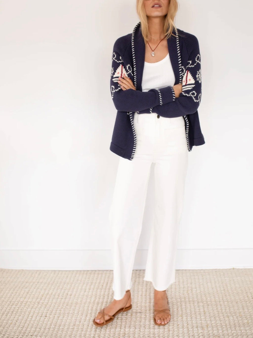 Marea Shawl Cardigan in Nautical Intarsia – Navy